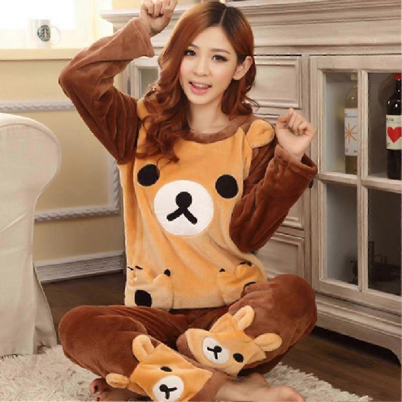 Winter Flannel Thick Pajama Set Adorable Bear Two-piece Sleepwear Set for Sleepwear Slumber Party