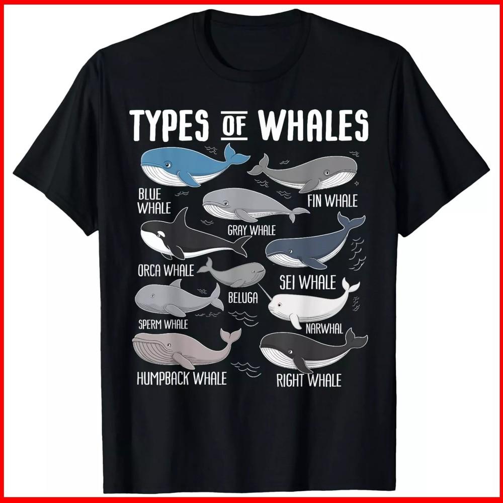2025/Cute Types Of Whales Ocean Mammals Guide Whale Black Cotton T-Shirt S-5XL Unisex T-Shirt XXXXL