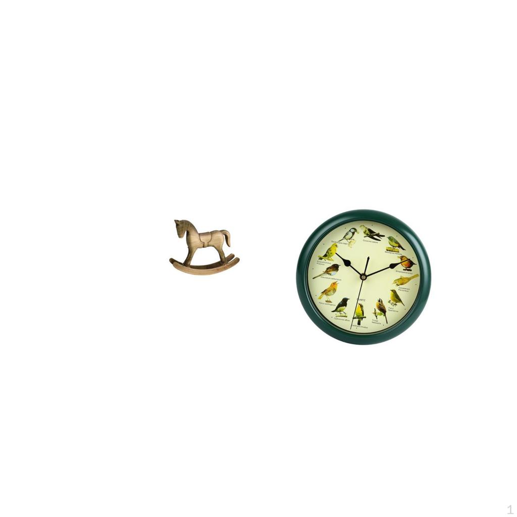 Rustic Wood Horse Figurine with Musical Birds Clock Green Frame Ornament for Bedroom Cabinet