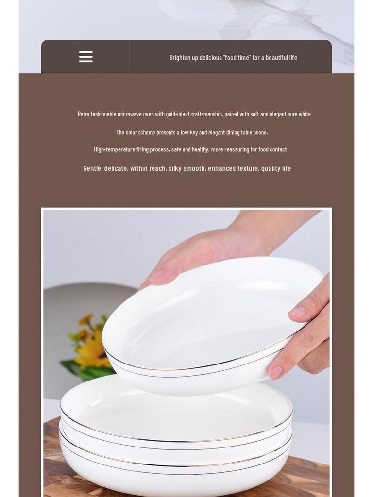 Ceramic Gold Rim Bone China Tableware Set - Microwave Safe Deep Plate, Rice Bowl for Home and Hotel Use.