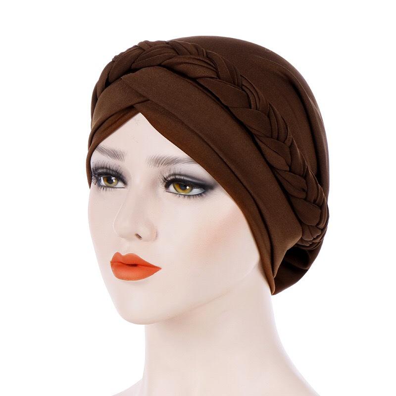 Muslim New Style Solid Color Braided Headscarf Hat, Milk Silk Indian Headscarf