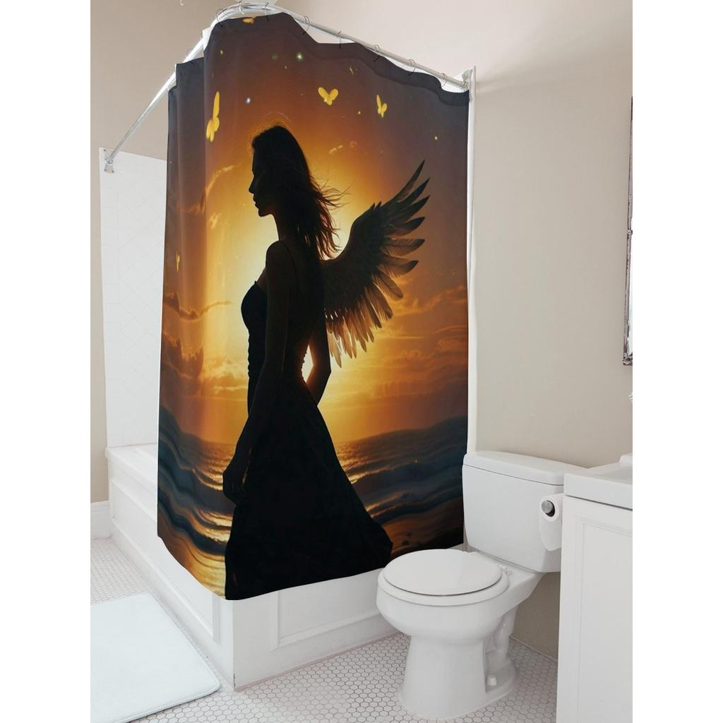 Angel Silhouette At Sunset Waterproof Shower Curtain