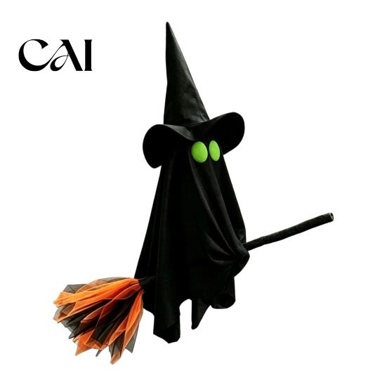 Decorative Broomstick with Ghost Mask Halloween Witch Broom Hanging Ornament, Spooky Hat Creepy Bar Ceiling Decoration Pendants for Indoor Outdoor