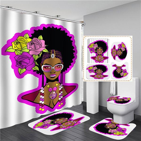4PCS Full Set Bathroom Curtain Set Elegant African Black Woman Shower Curtain Hooks Modern Bath Mat Toilet Lid Cover Anti-slip Bath Mats