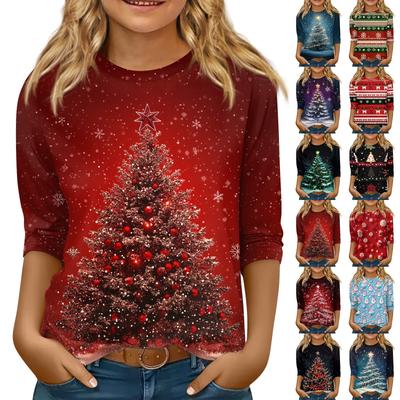 חולצות שרוול 3/4 לילדים קז'ואל חולצת טי מודפסת צווארון עגול סוודר חולצה