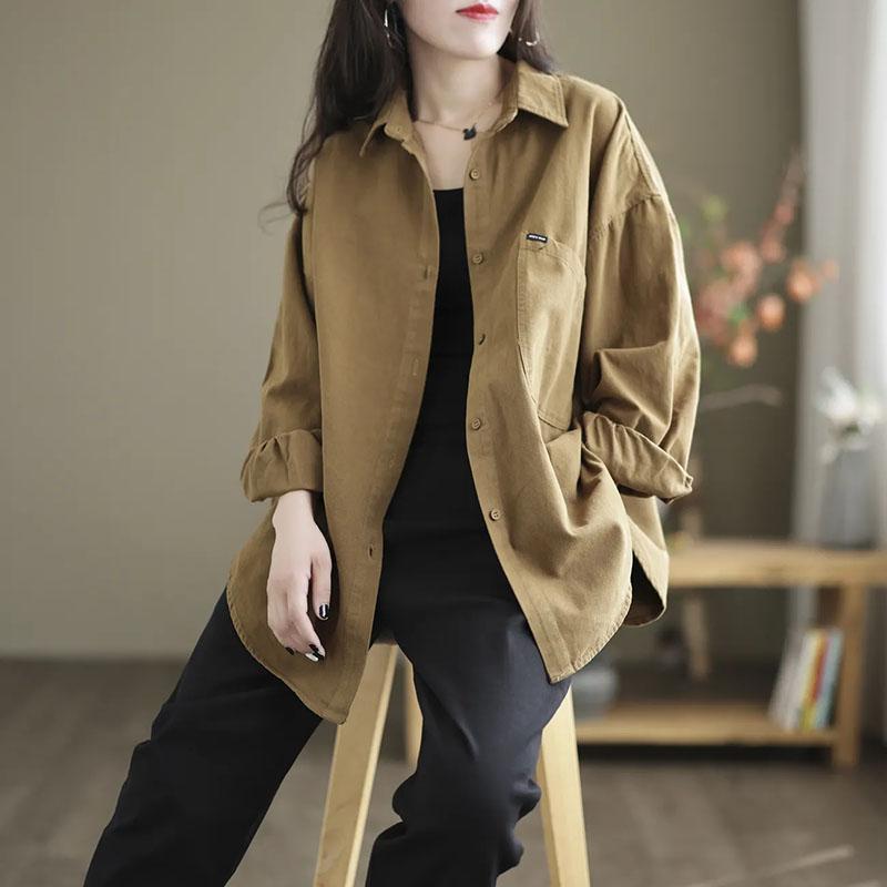 Coat for Women Cotton Oversize Shirt Jacket Solid Color Button Loose Casual Tops Casual Blouse Jacket