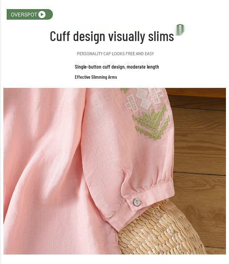 Women's Ethnic Cotton Linen Embroidered Lantern Sleeve Top