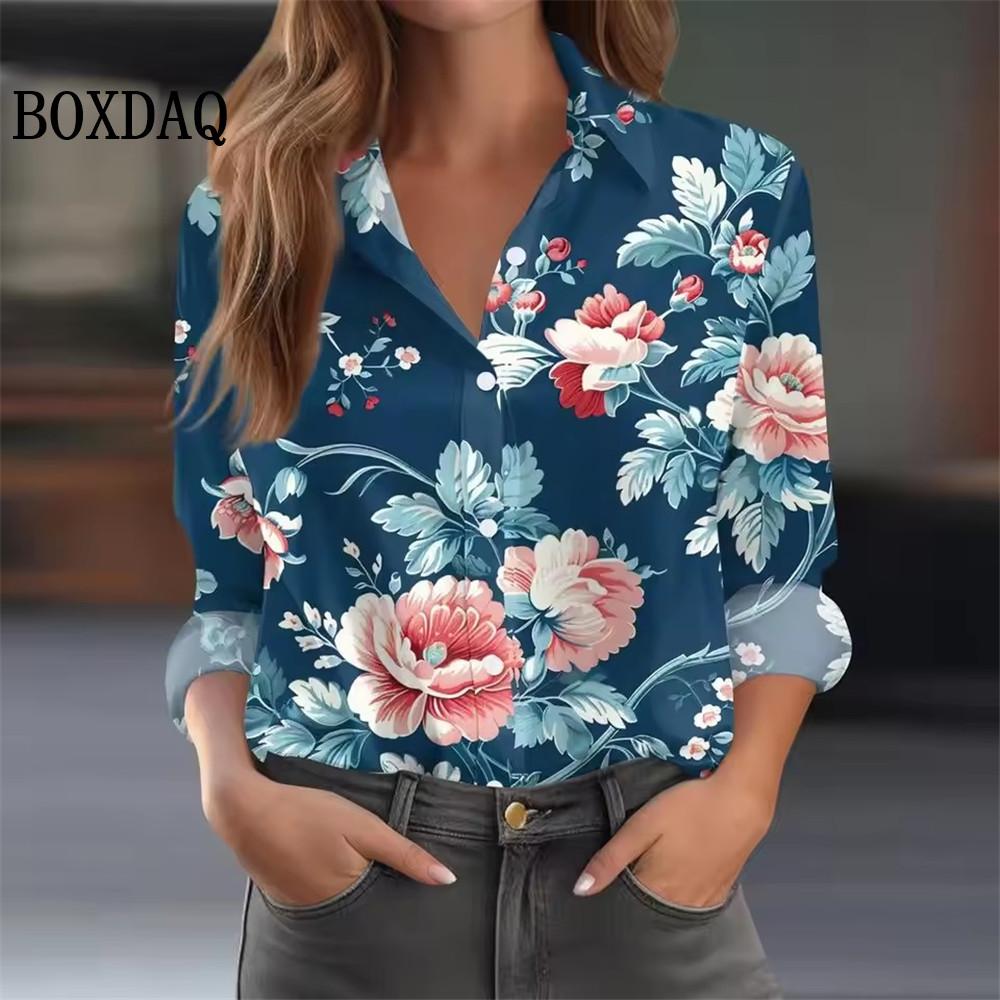 Women's 3D Floral Pattern Print Shirts Vintage Autumn Long-Sleeved Blouse Fashion Casual Loose Button Everyday Lapel Shirt Tops