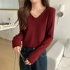Powder Blue Elegant Fresh Youthful V Neck Loose Long Sleeve Sweater Women Autumn Commute Base Layer Top