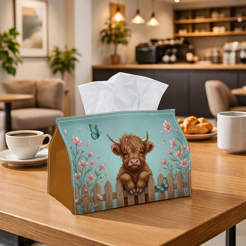 1 Stück Landhaus Rustikale Taschentuchbox - Hochlandkuh Zaun Blume Servietten Aufbewahrungsbox, Geeignet für Rollen/Gesichtstücher/Einzelblätter, Zwei Größen verfügbar für