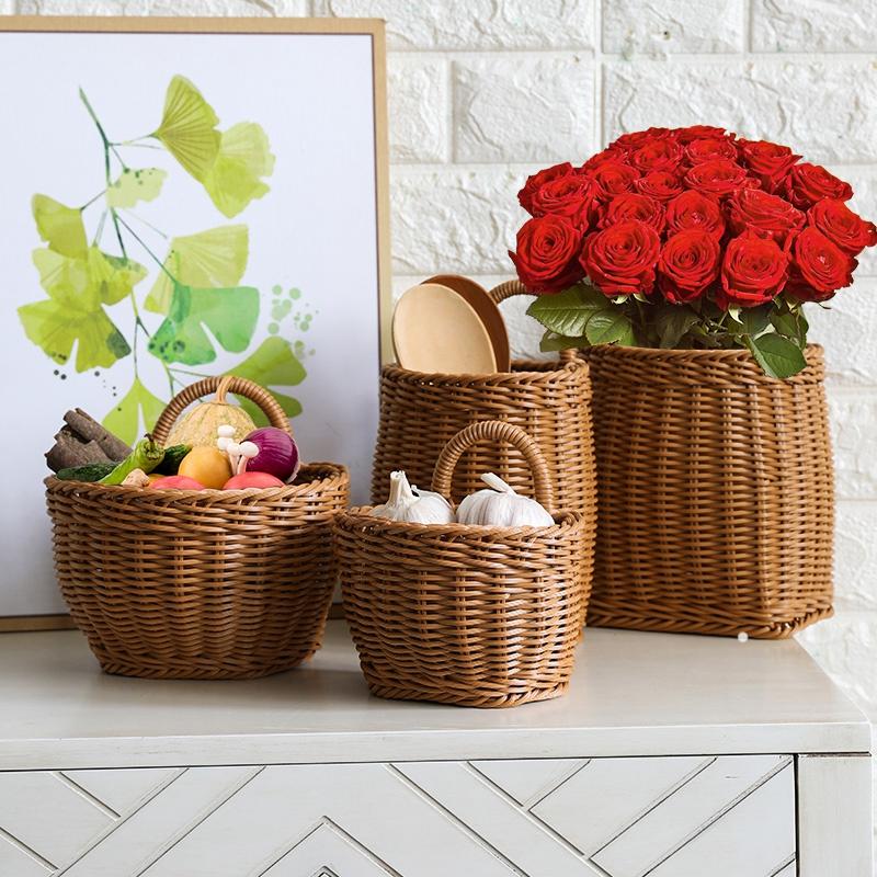 Hand-Woven Storage Basket Portable Flower Basket With Handle Plastic Wall Hanging Basket Organizer Wedding Home Decoration