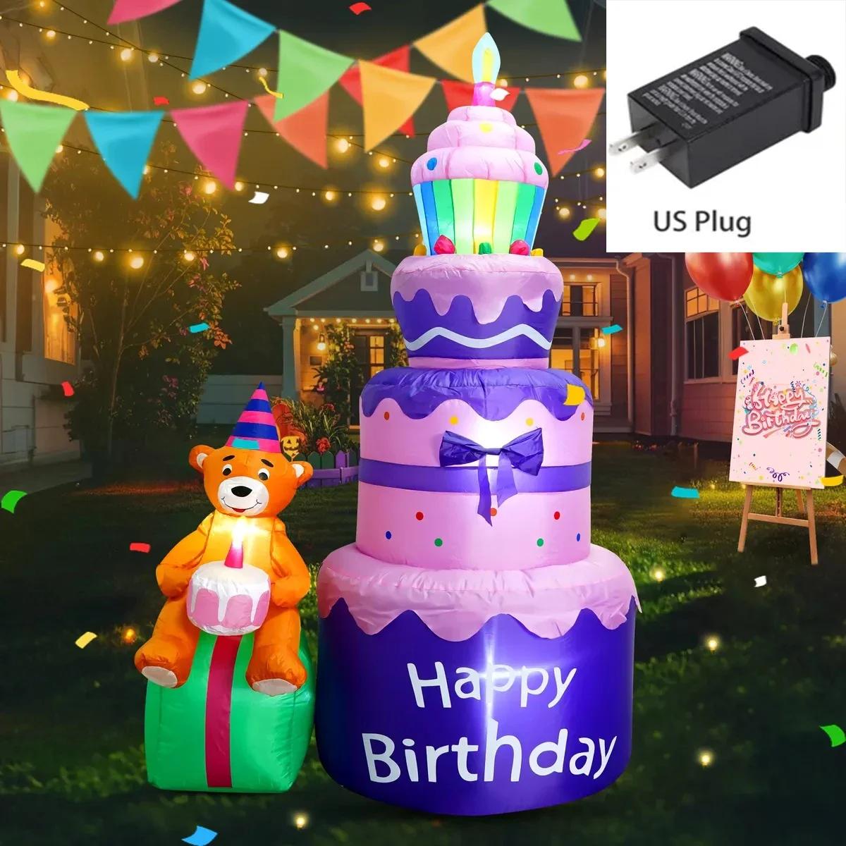 

6FT Outdoor Happy Birthday Inflatable Purple Cake Bear Ornament Blow Up Yard Decoration DIY Party Props for Holiday Celebration