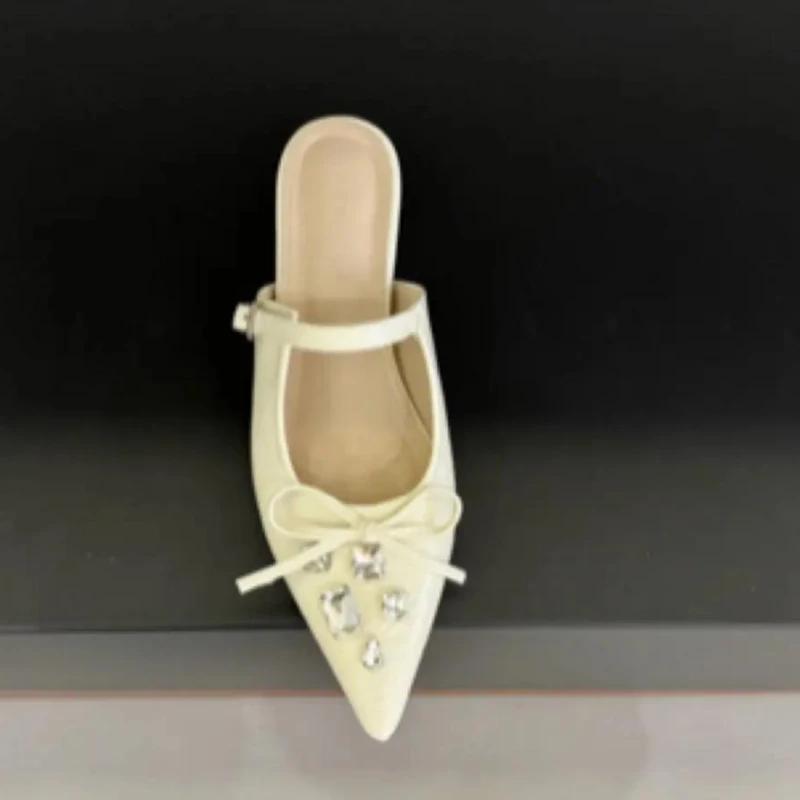 Luxury Crystal Women Flats Slippers Bow Pointed Toe Elegant Mules Shoes 2025 Summer Fashion Flip Flops Slides Sandalias Mujer
