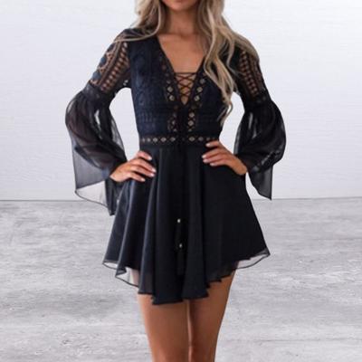 Women Dress V Neck Hollow Out Long Sleeves Solid Color Horn Sleeve Above Knee Lace Patchwork See-through Mesh Mini Dress Women Clothes