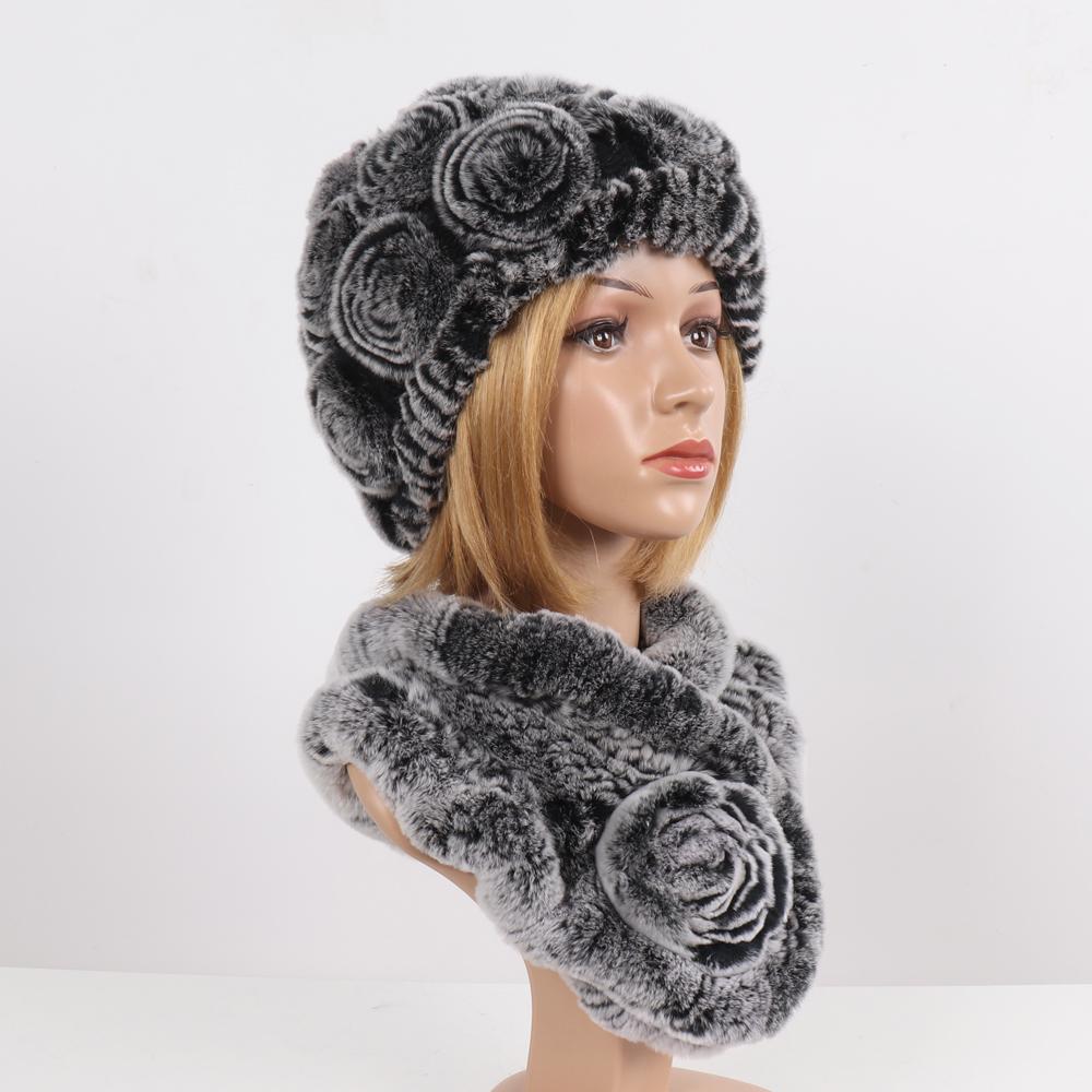 Нові Жіночі Зимові Хутряні Шапки Шарфи Набори Натуральні Теплі Справжні Шапки з Хутра Кролика Рекс Шарфи Леді В'язані Шапки з Натурального Хутра Шарф