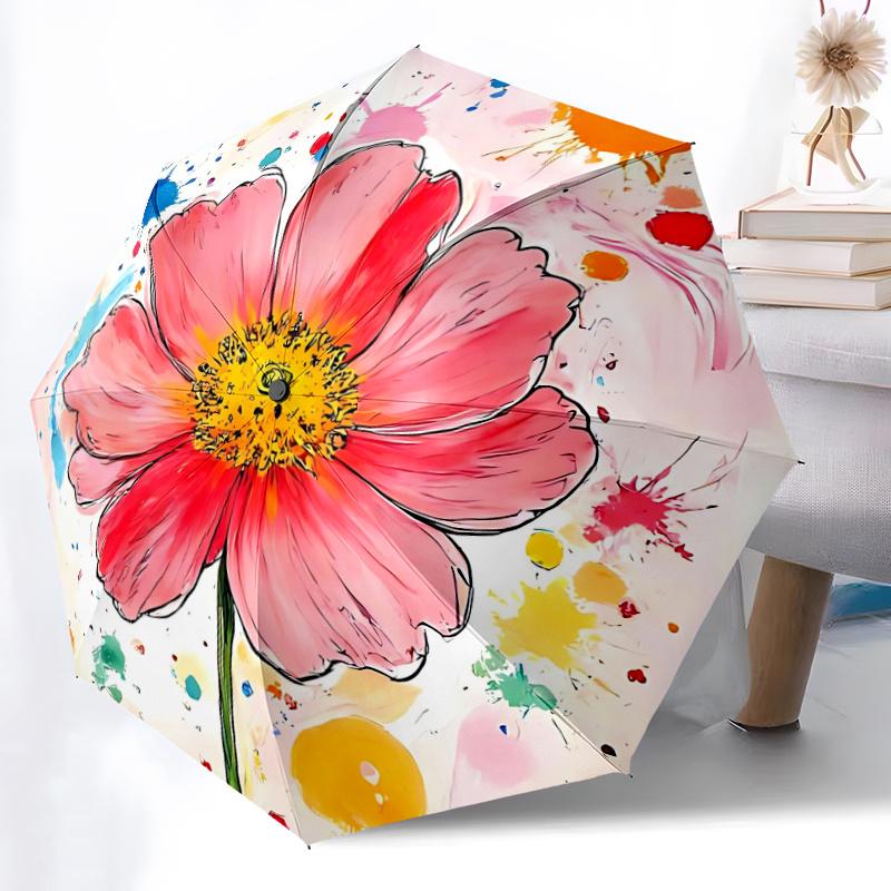 1pc Flower Artwork Automatic Folding Umbrella - Compact 8-Rib Design, Durable Plastic & Iron, Festive Gift, Compact Umbrellan031
