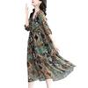 Women Midi Dress Pleated Printed Loose Hem Button Decor Patchwork Dress Up V Neck Vintage Lady Summer Dress Female Clothes
