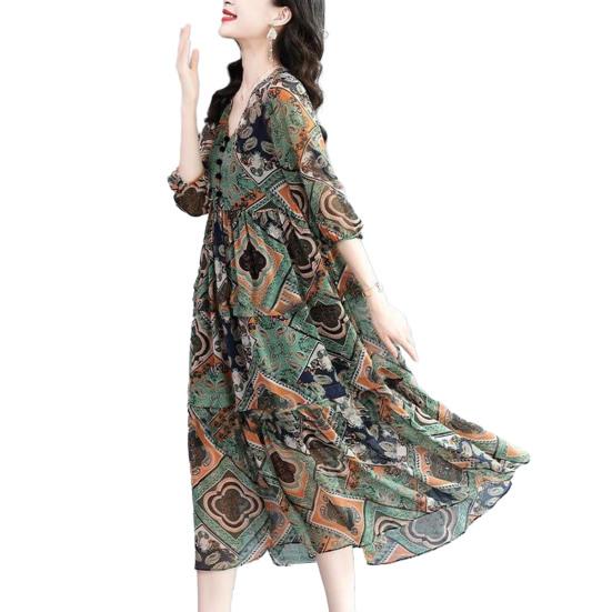 Women Midi Dress Pleated Printed Loose Hem Button Decor Patchwork Dress Up V Neck Vintage Lady Summer Dress Female Clothes