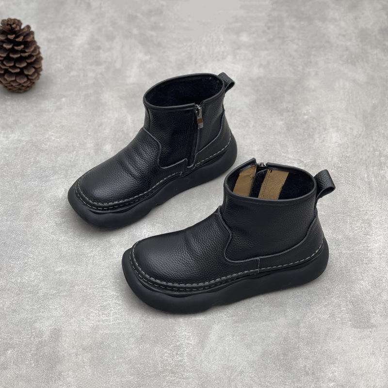 Johnature Ekte skinn Ankelstøvletter med myk såle Retro Rund tå Glidelås på siden Kvinners Flate Korte Støvletter