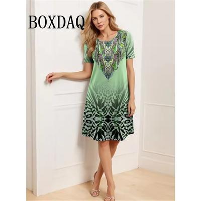 Elegantes Sommerkleid mit O-Ausschnitt in Übergröße für Damen, lässiges Kurzarmkleid, lockeres Partykleid, modisches Musterdruck A-Linien-Kleid, Sommerkleid