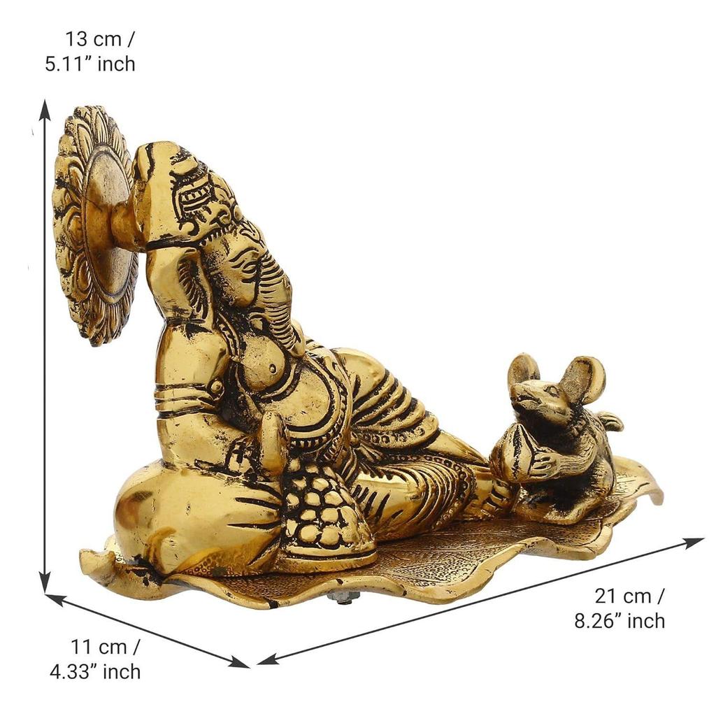 Golden Resting Ganesha with Mushak Metal Decorative Showpiece