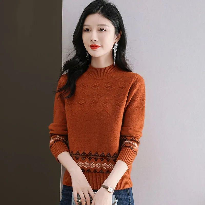 Women s Autumn Winter Mock Neck Loose-Fit Sweater for Outer Wear - Jacquard Pattern Warm Knit Base Layer Top S 2369₽