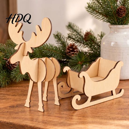 Festive Elk And Sleigh Model Wooden Christmas and Tabletop Ornament DIY Wood Art Craft