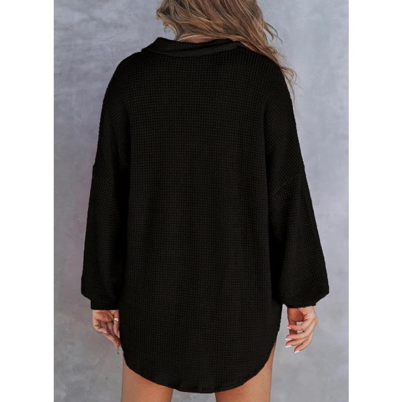 DAFIFY Women's Fashion Casual Spring Autumn Solid Color Print Long Sleeve POLO Neck Blouses & Shirts