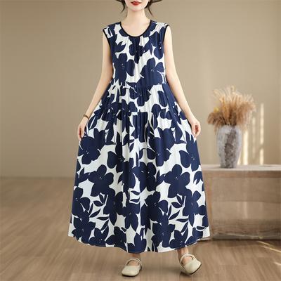 Elegante Vestido de Verano para Mujer Talla Grande Casual Holgado Sin Mangas Largo Ropa Vintage Femenina