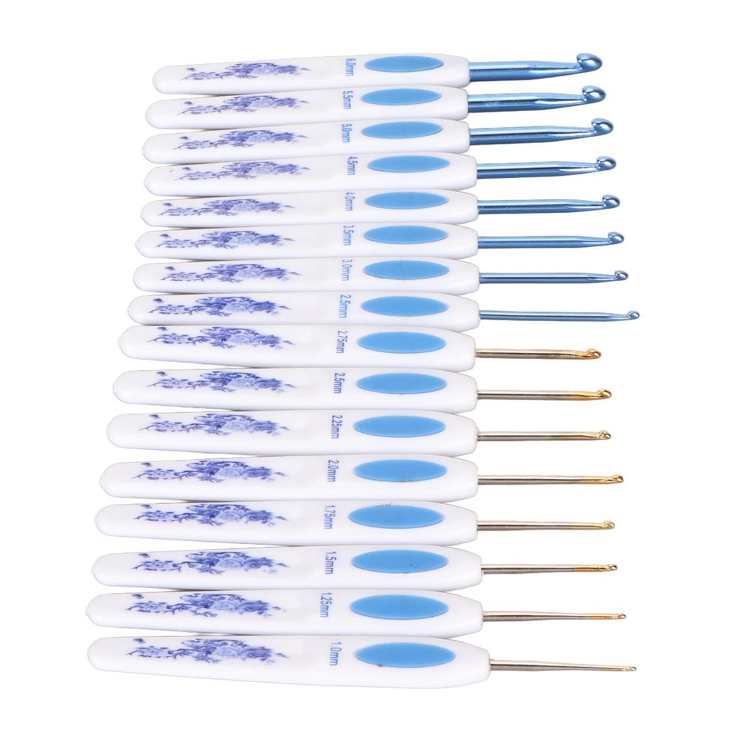 16pcs Crochet Hooks Set Blue White Porcelain Ergonomic Handle Crochet Needles with Case DIY Hand