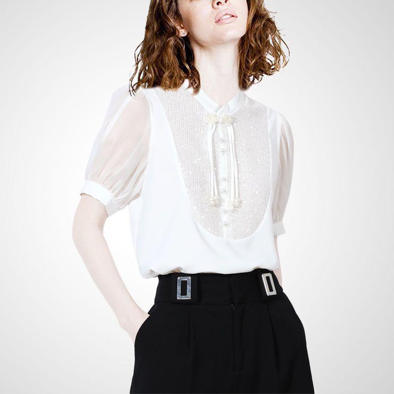 

Chinese Button Knots Tencel Sequin Shirt Women 2025 Summer Thin Classy Stylish Stand Collar Short Sleeve Chic Tops Beige L