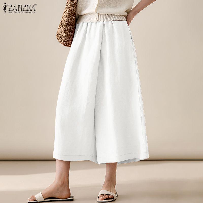 ZANZEA Women Casual Elastic Waist Loose Wide Leg Capris Pants