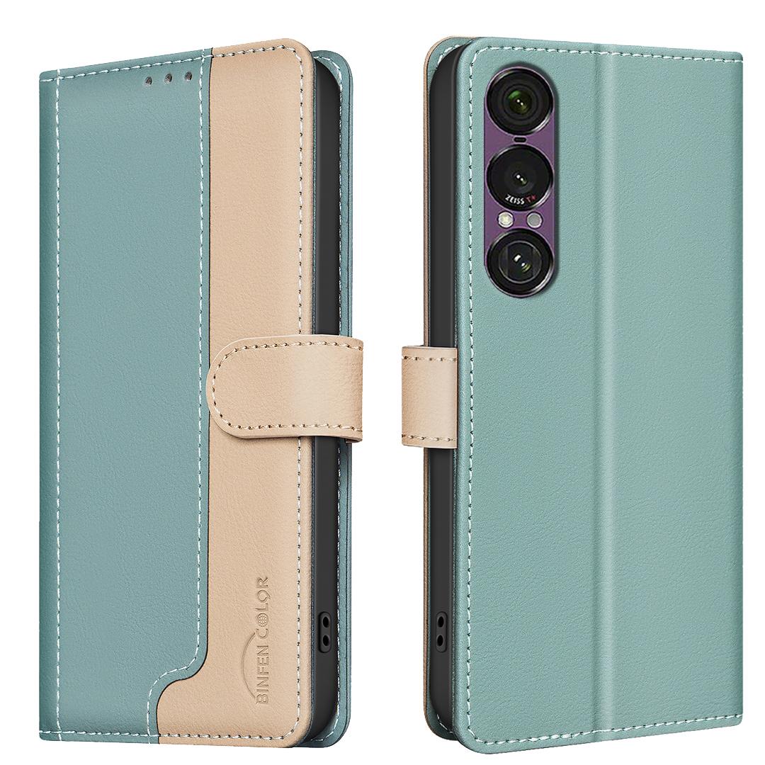 

For Sony Xperia 1 VII Leather Case BINFEN COLOR Splicing Color RFID Blocking Wallet Stand Phone Cover Green