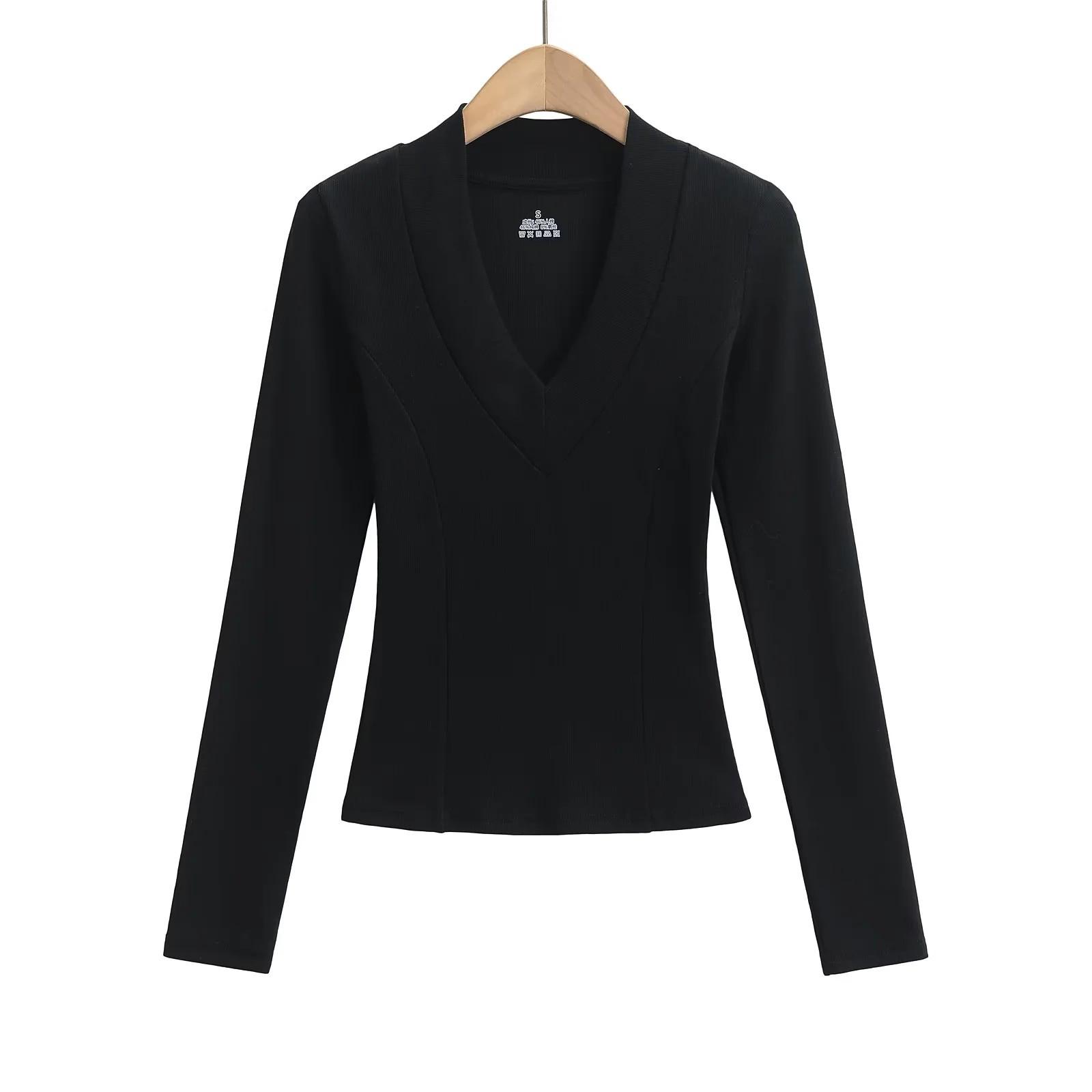 

Sleek V-Neck Long Sleeve Ribbed Base Layer Top - Spring 2025 Collection Medium чёрный