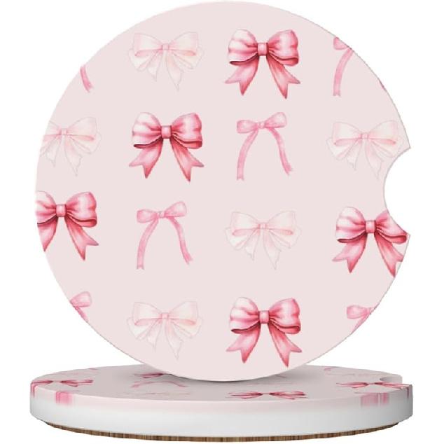 Blue Bow Car Cup Coaster 2 Pack Ceramic Absorbent Car Coasters 2.56 Inch Non-Slip Car Cup Holder Interior Car Accessories For Women Girls Cup Mats