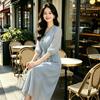 Embroidered chiffon dress for women's summer 2026 new waist small temperament seven-quarter sleeve medium and long dress