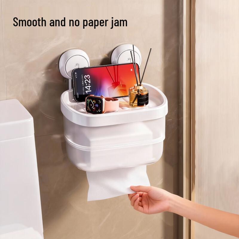 Taile Suction Cup Wall-Mounted Bathroom Tissue Box with Storage Shelf