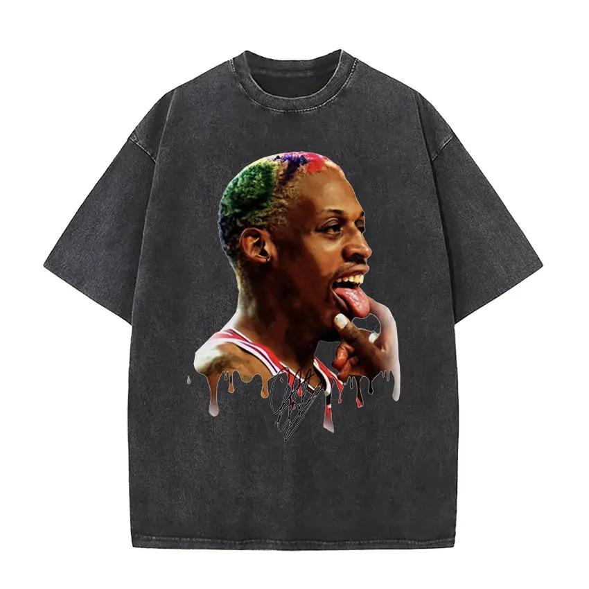 2026 Dennis Rodman Camiseta Lavada Vintage para Hombre y Mujer Genial Hip Hop Gótico Camisetas Oversize Cuello Redondo Moda de Alta Calidad Streetwear