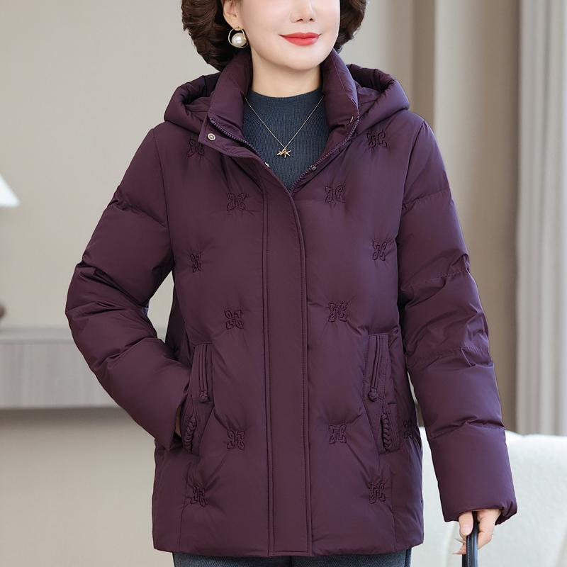 Jachetă Puf Scurtă pentru Femei de Vârstă Mijlocie Mărimi Mari XL-6XL Îmbrăcăminte Exterioară de Iarnă cu Glugă Elegantă Broderie Groasă Caldă Jachete de Puf