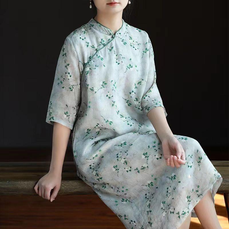 Seven-quarter sleeve printed dress summer new women s retro loose buckle improved cheongsam M