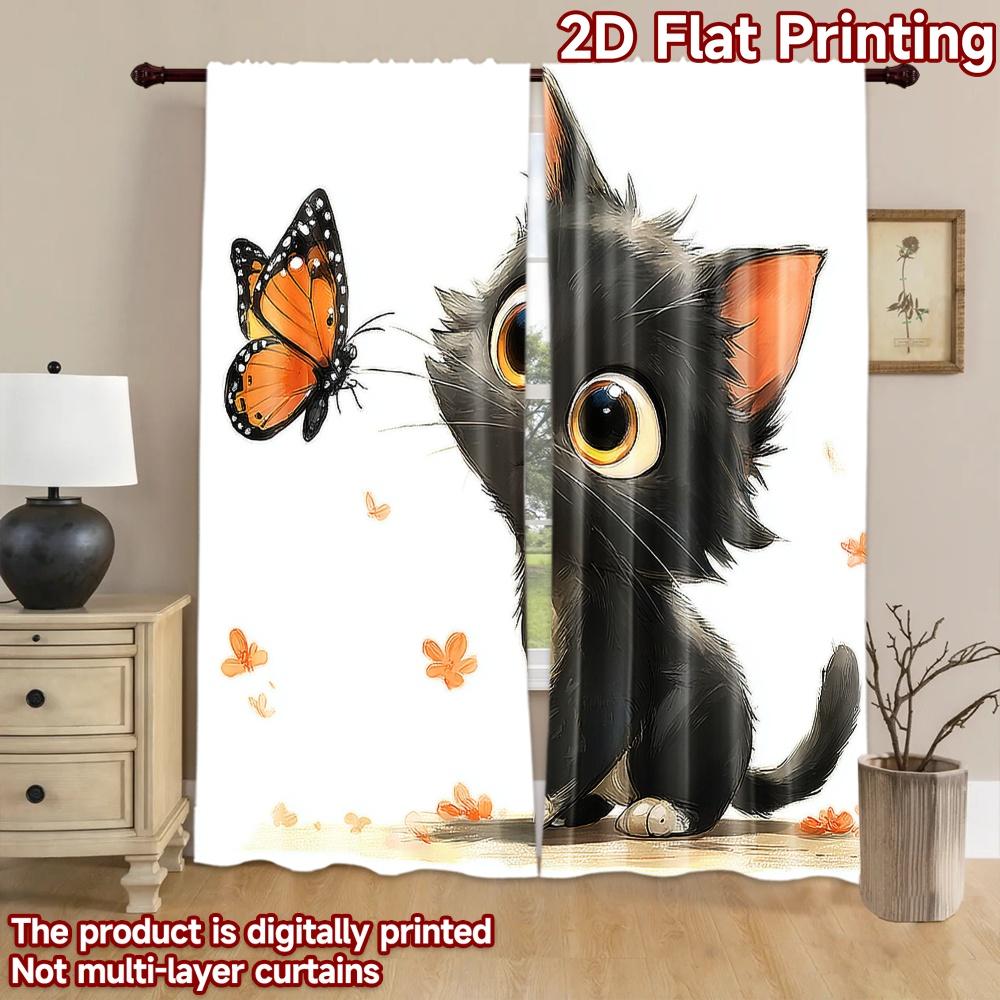 2D flat printing 2pcs Drapes Cute Black Cat Butterfly Digital Printed Polyester Drapes Festive Curtains Use for Festive and