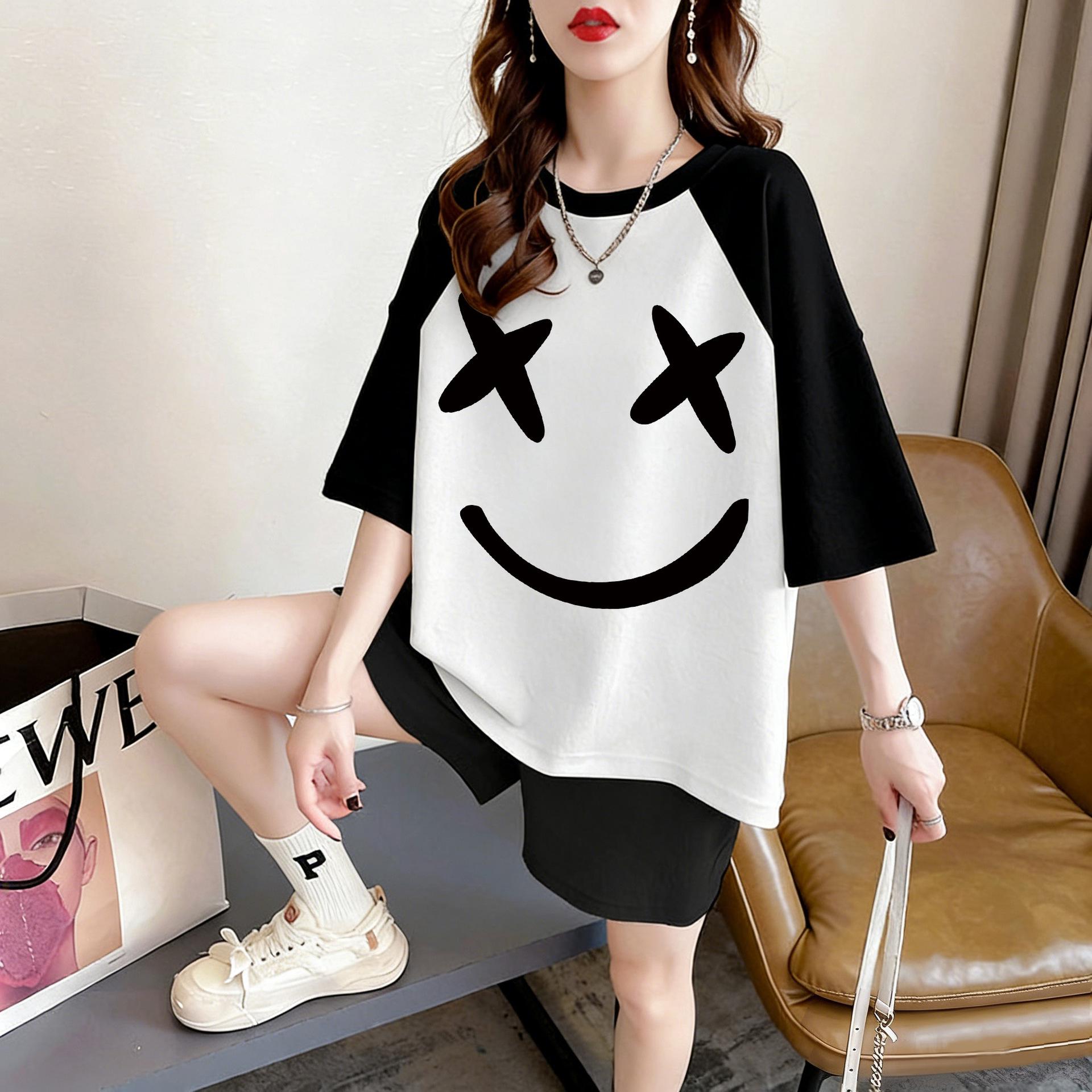

2026 College Style Plus Size Pure Cotton Raglan T-shirt for Women - Loose Fit, Short Sleeve, Half Sleeve Summer Top. M чорний/білий