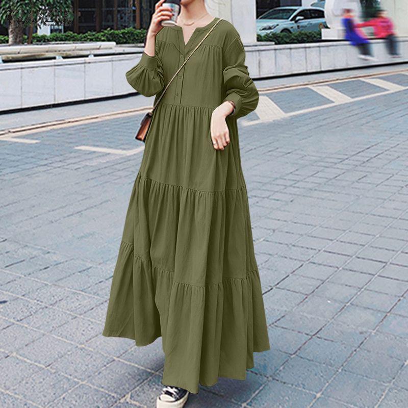 ZANZEA Women Casual Round Neck Solid Color Long Sleeve Long Dress