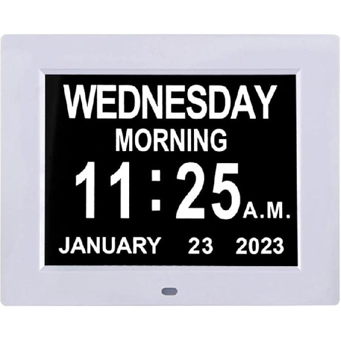 TMC 2025 New Digital Clock for Seniors, Large Display Calendar Dementia Clock with Date, Day & Week, 3 Medication Reminders+ 5 Alarms, SD Card Video, 8  white-