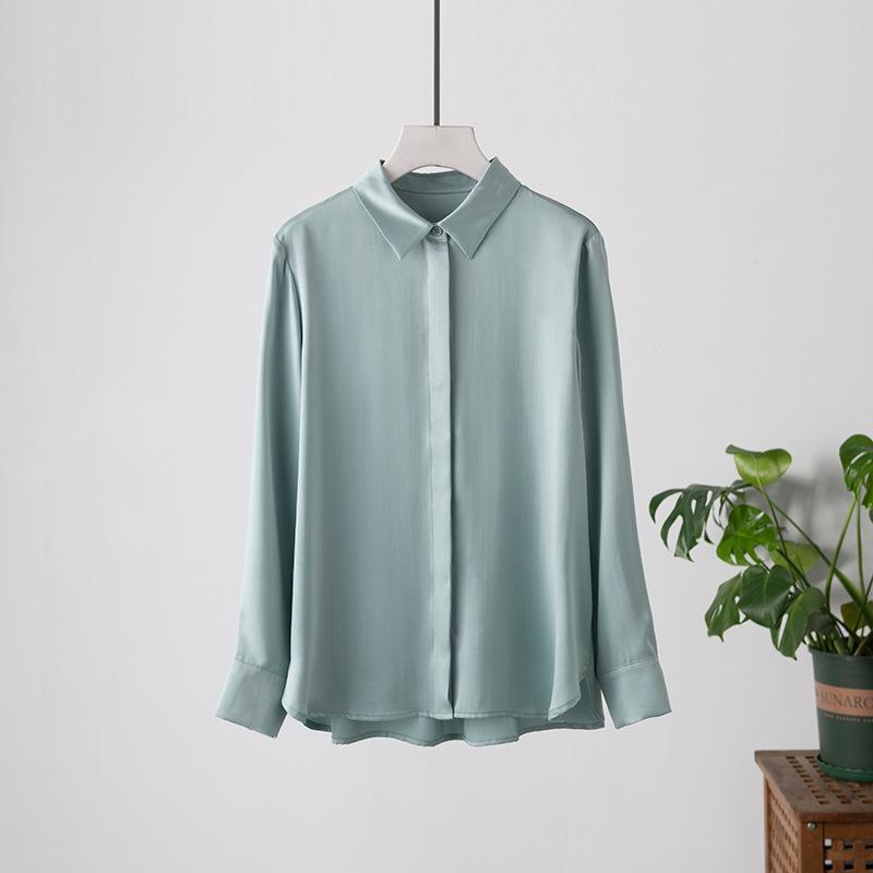 

2025 Spring/Autumn Women s Plus Size Silk Shirt: Square Neck, Long Sleeve, Loose Satin Washed M