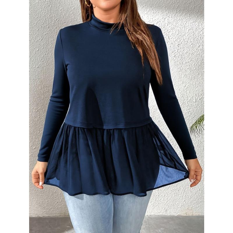 Plus Size Women S Long Sleeve Solid Color High Round Neck T Shirt