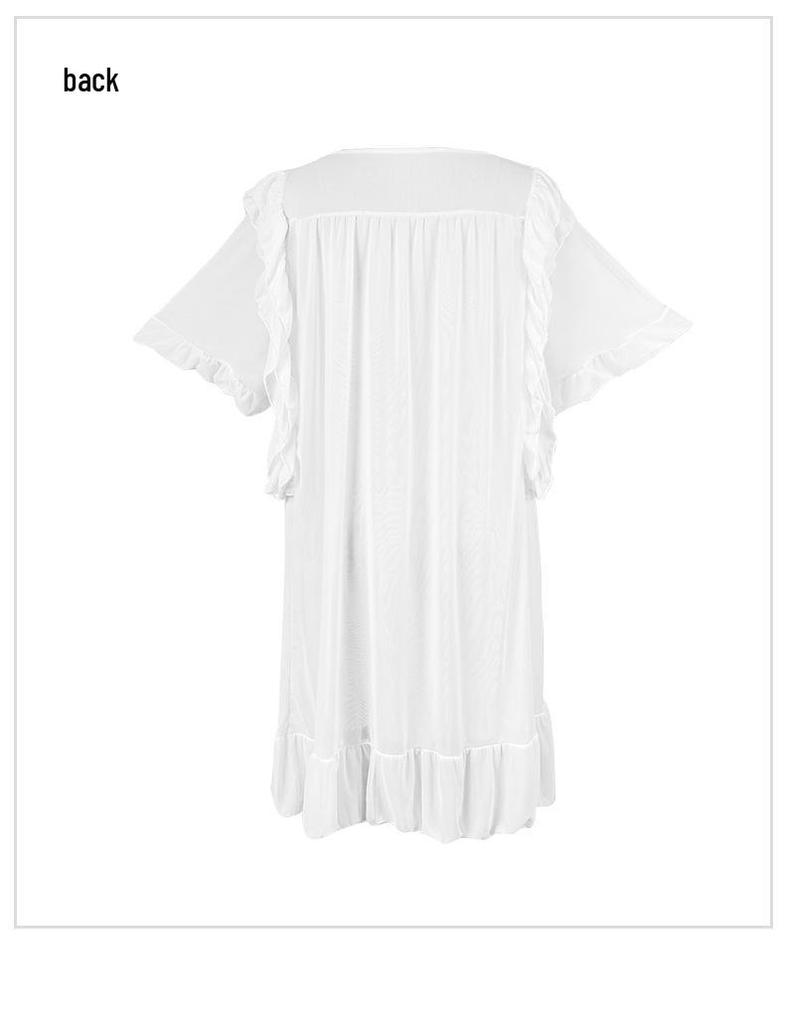 Women's White Fairy Net Yarn Nightgown – Square Neck, Ruffle, Loose Fit, Court Style Loungewear