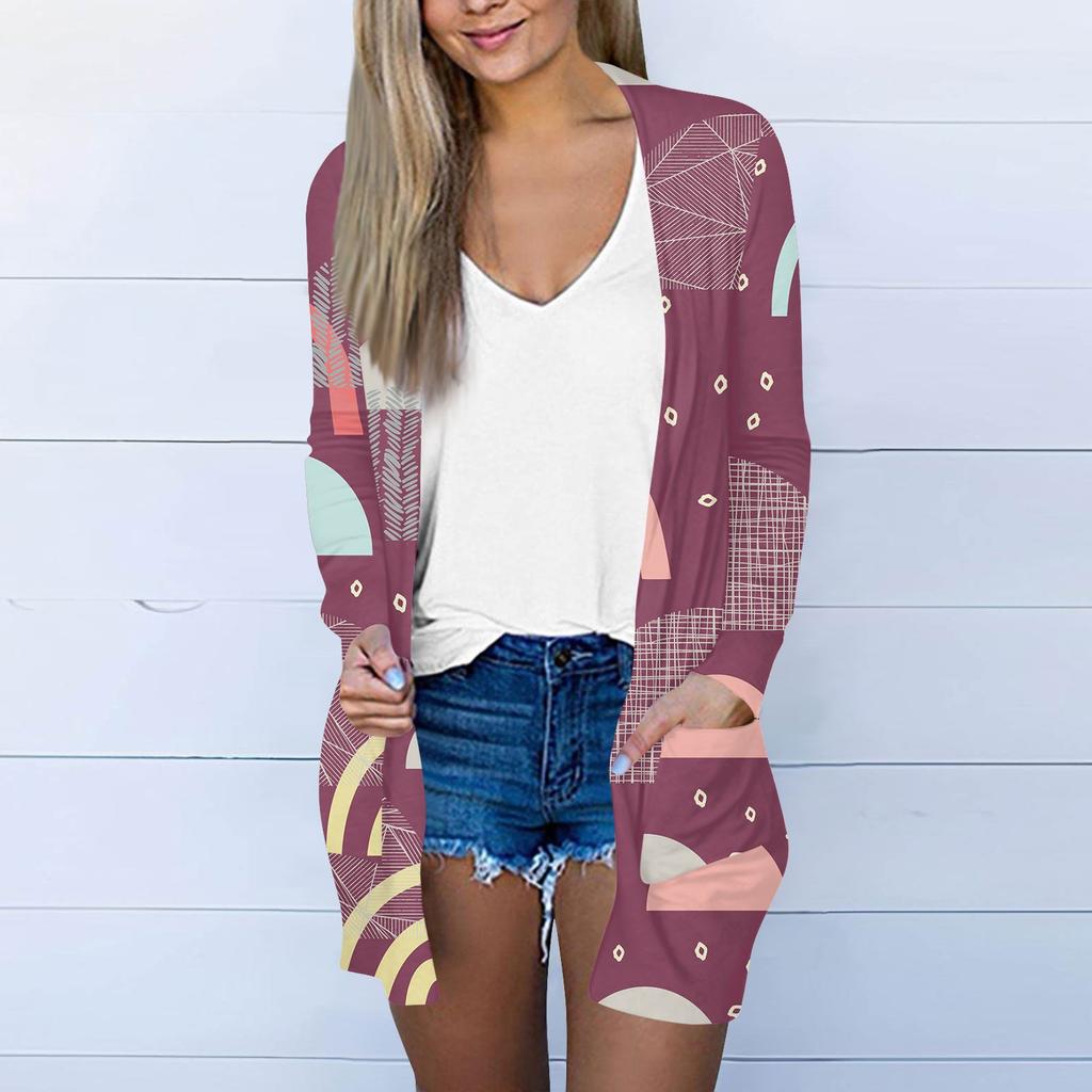 Women's Casual Fashion Floral Print Long Sleeve Mid-Length Cardigan Jacket