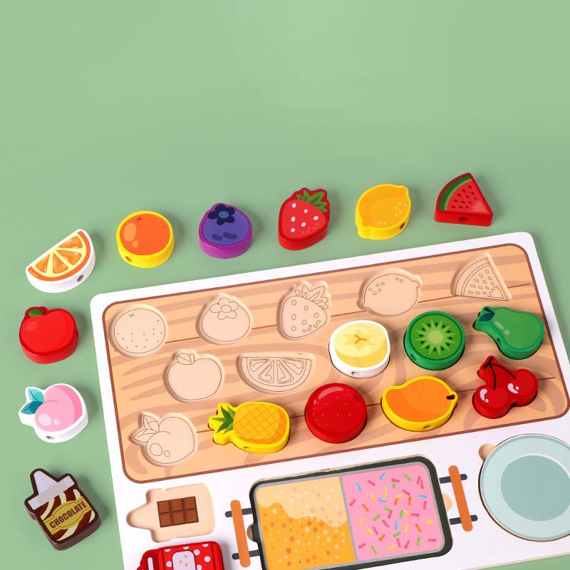 Montessori Holzspielzeug für Kinder Obstspieß Zuordnungsperlen Fädelspiel Pädagogisches Logiktraining Bausteinspielzeug Geschenke