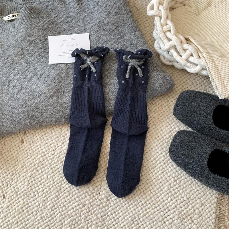 

Женские осенне-зимние теплые носки в горошек с каблуком-бантом, для сна, средней длины 1 pair темно-синий